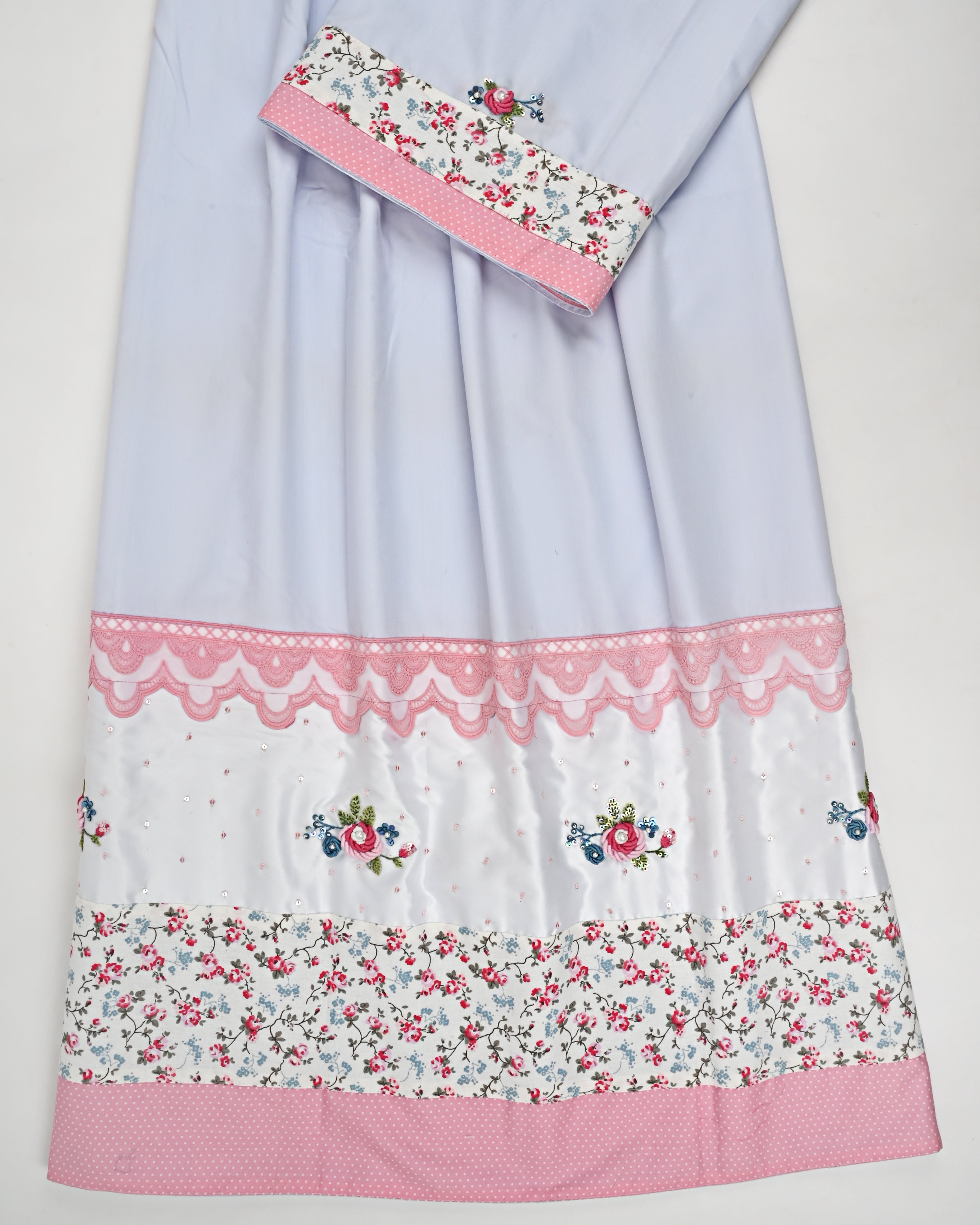 Light Blue Rida With Smart Lacing Floral Panel & All Over Bullion Work On White Panel