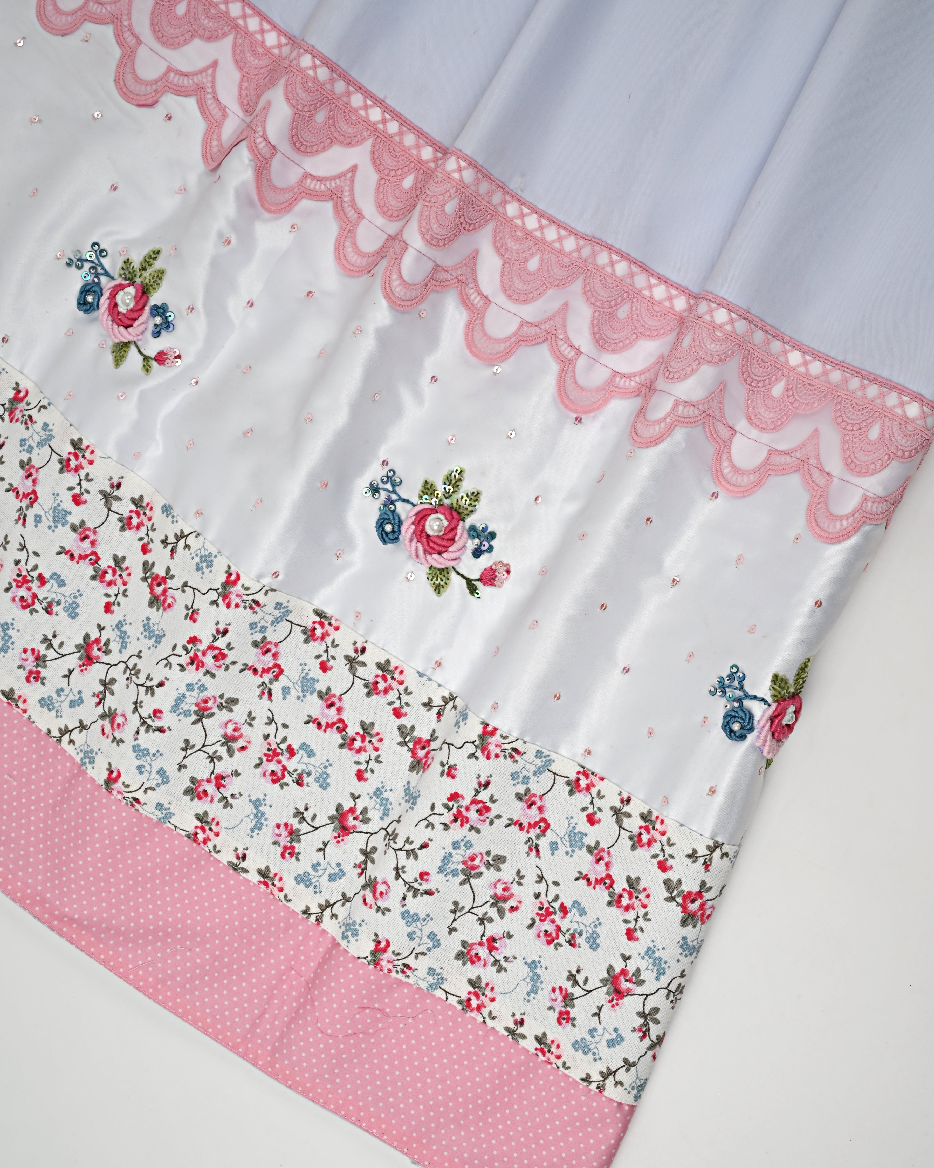 Light Blue Rida With Smart Lacing Floral Panel & All Over Bullion Work On White Panel