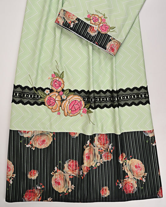 Light Green Rida With Black Floral Panel Lace & Floral Work