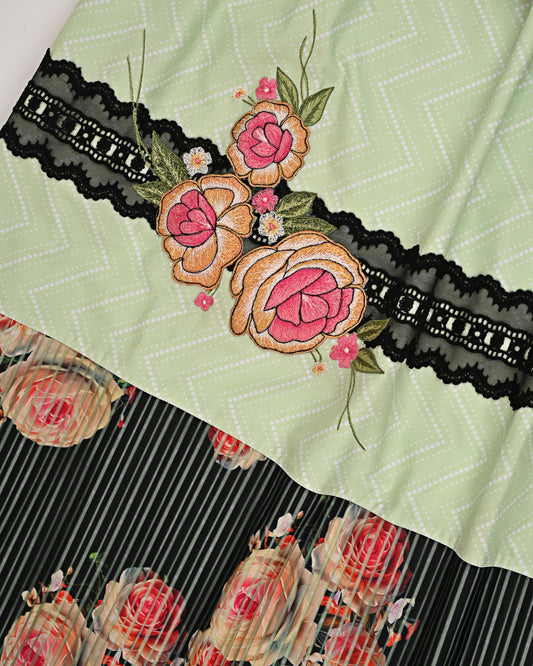 Light Green Rida With Black Floral Panel Lace & Floral Work
