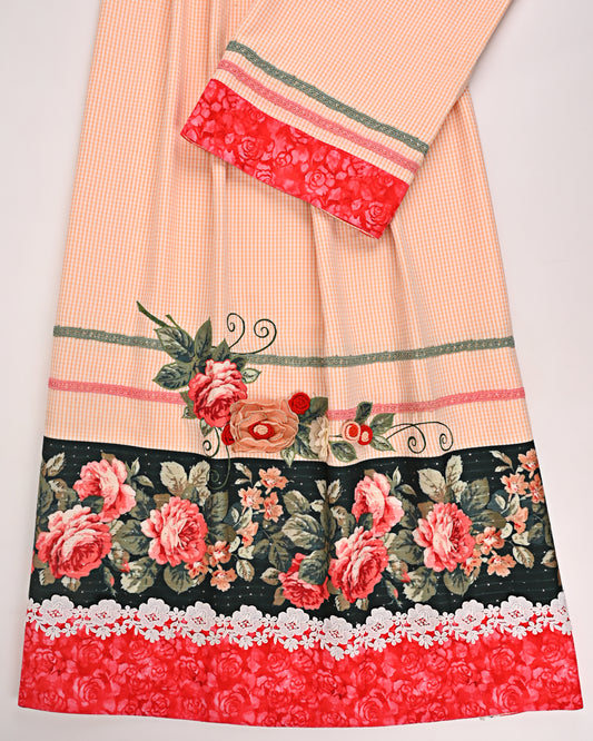 Light Orange Cheks Rida With Floral Lace Panel & Floral Work