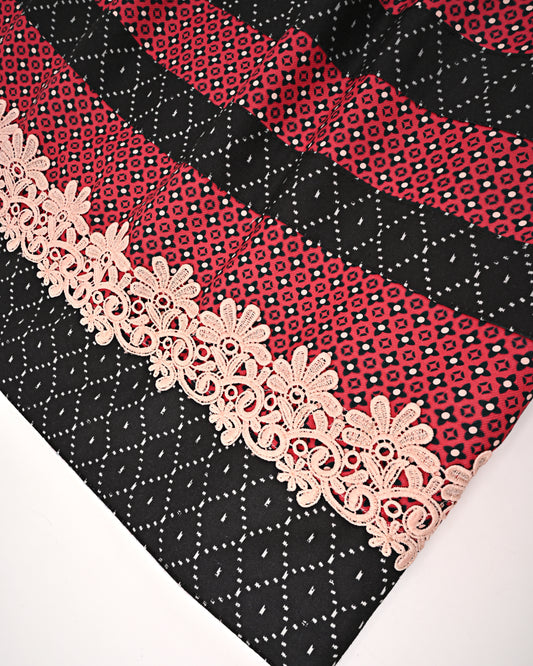 Black & Red Printed Rida With Smart Pattern & Lace