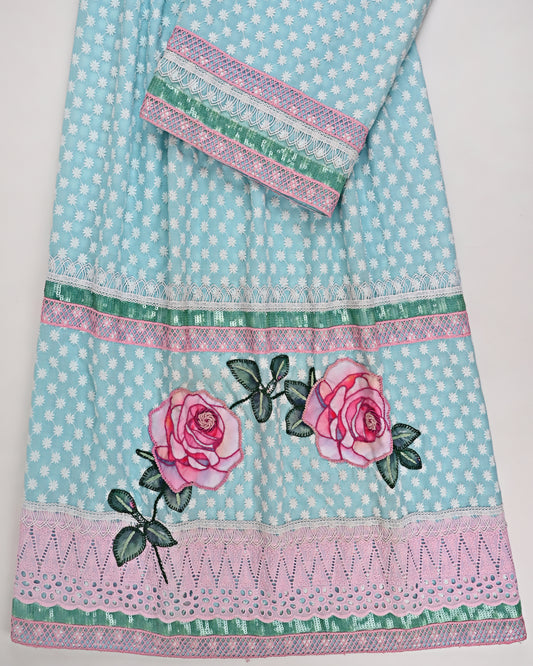 Light Blue Chicken Rida With Smart Lacing & Rose Applique Work