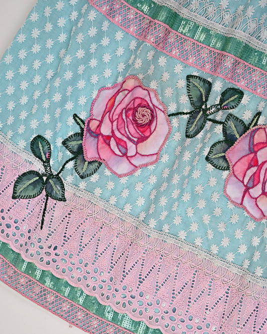 Light Blue Chicken Rida With Smart Lacing & Rose Applique Work