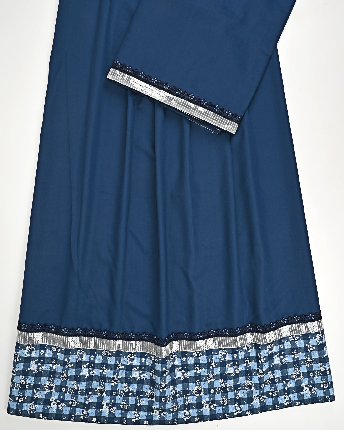 Navy Blue Rida With Smart Lace & Floral Print Panel