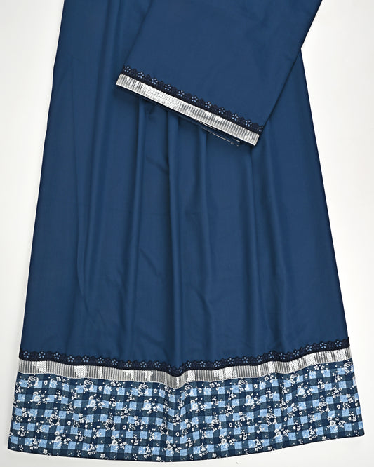 Navy Blue Rida With Smart Lace & Floral Print Panel