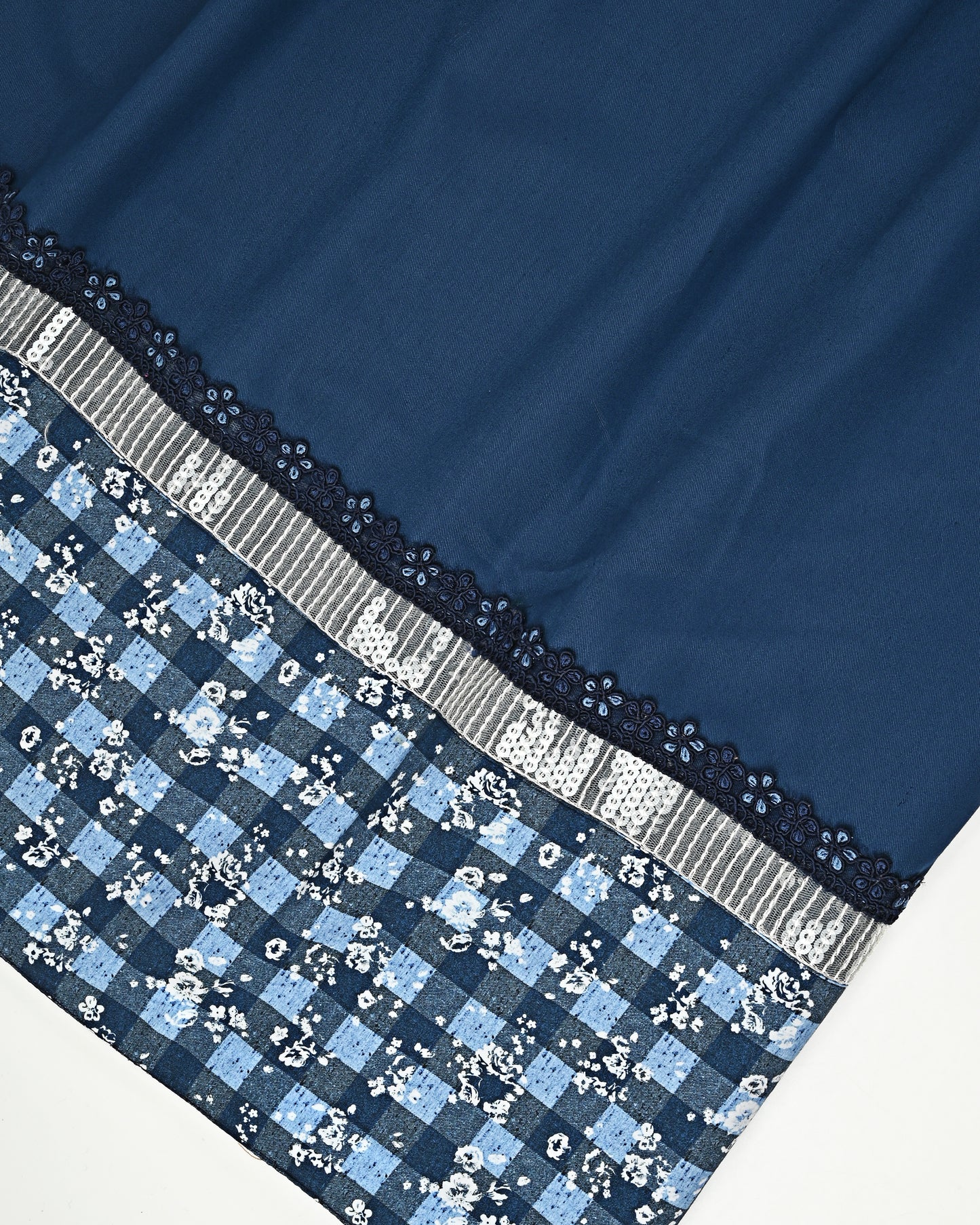 Navy Blue Rida With Smart Lace & Floral Print Panel