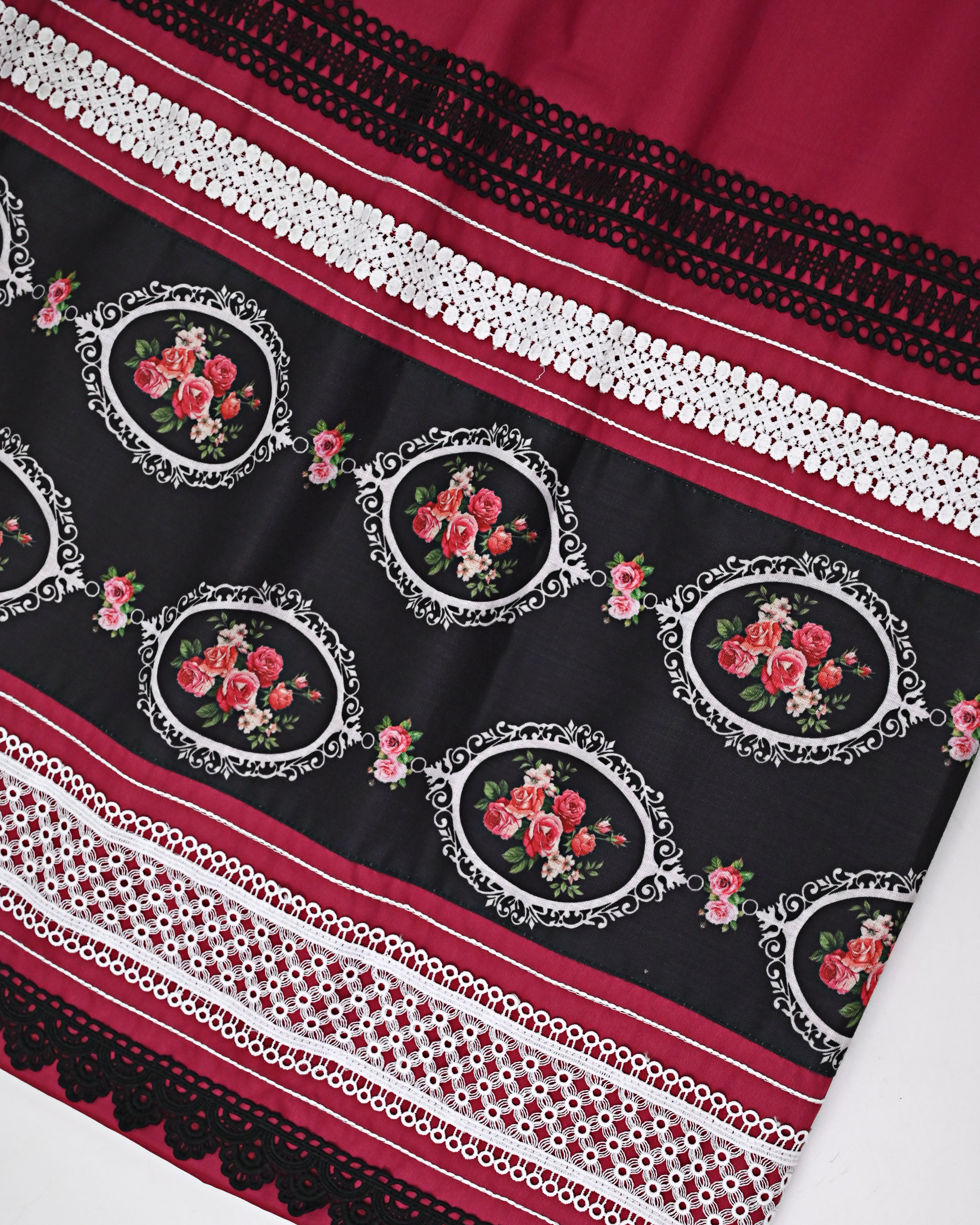 Wine Red Rida With Smart Black Base Floral Printed Panel & Smart Lace