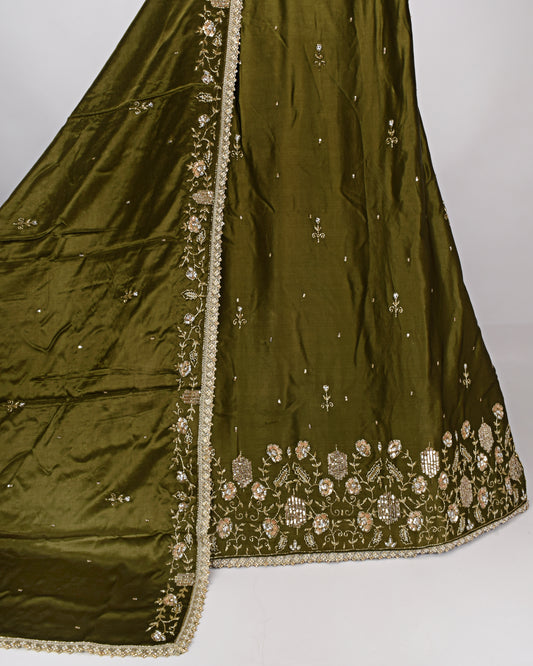 Mehndi Green Bridal Jodi With Aari Work Border & Matching Dupatta