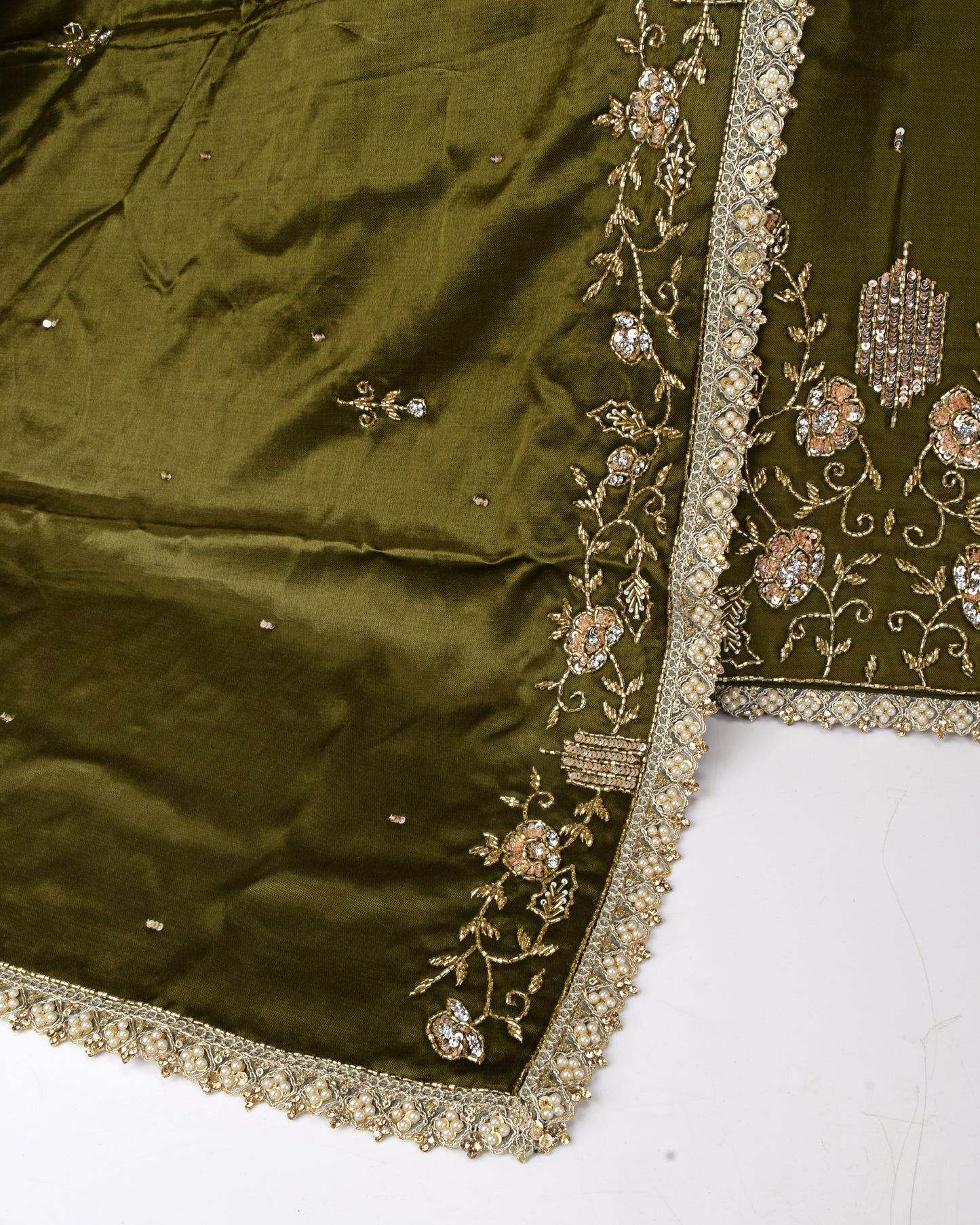 Mehndi Green Bridal Jodi With Aari Work Border & Matching Dupatta