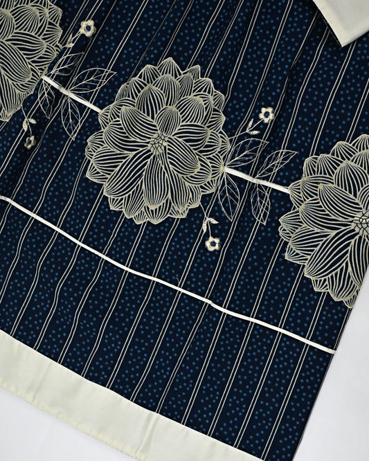 Navy Blue Base Batik Rida With Smart Floral Embroidery Work & Smart Panel