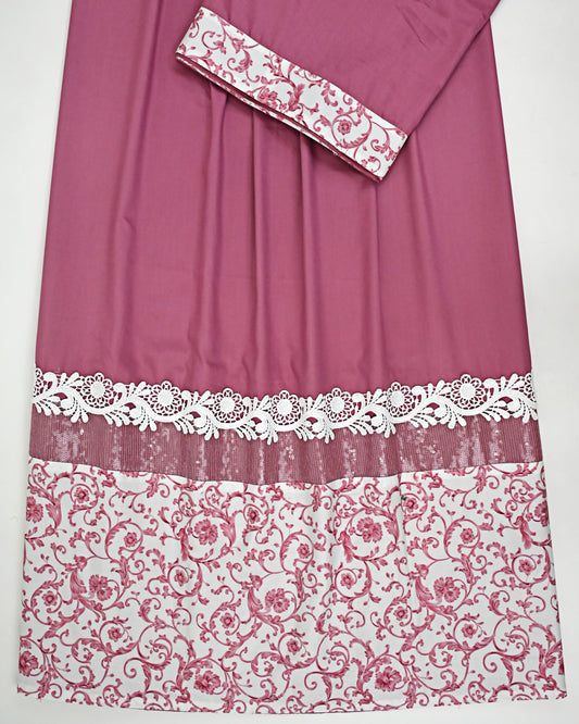 Dark Onion Pink Rida With Smart Floral Print Panel Sequence Lace & White Lace