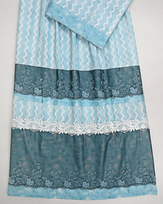 Light Blue Base White Chevron Rida With Smart Broad Dark Floral Lace & Smart Look