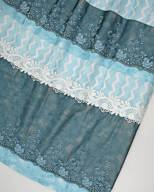 Light Blue Base White Chevron Rida With Smart Broad Dark Floral Lace & Smart Look