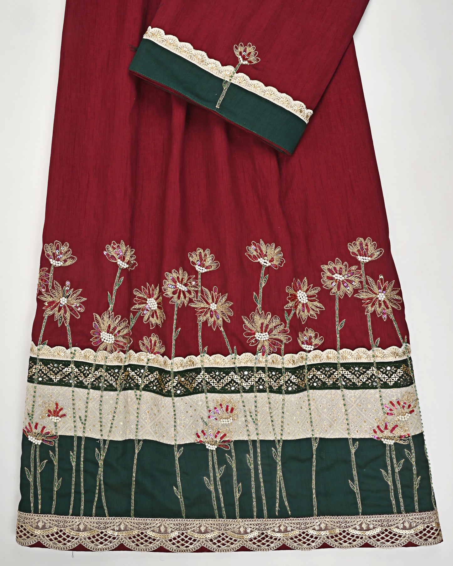 OxBlood Red Rida With Heavy Golden Floral Aari Work On Smart Dark Panel