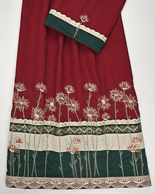 OxBlood Red Rida With Heavy Golden Floral Aari Work On Smart Dark Panel