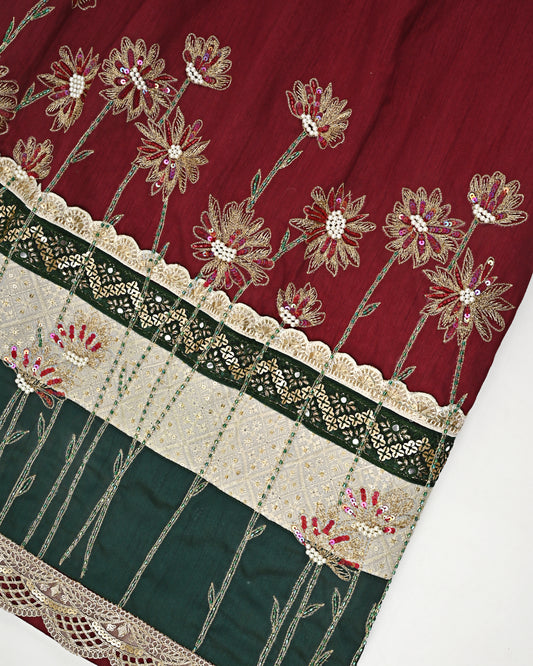 OxBlood Red Rida With Heavy Golden Floral Aari Work On Smart Dark Panel