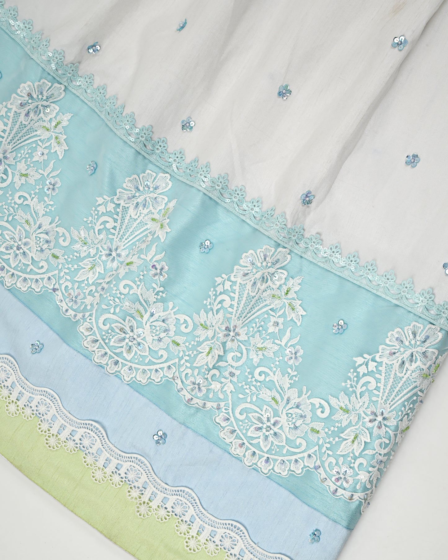 White Rida With Light Blue Panel & Heavy Lace Aari Work Touchup & Booties