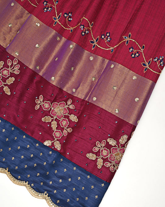 Maroon Rida With Aari Work Border & Floral Heavy Lace Dark Panel