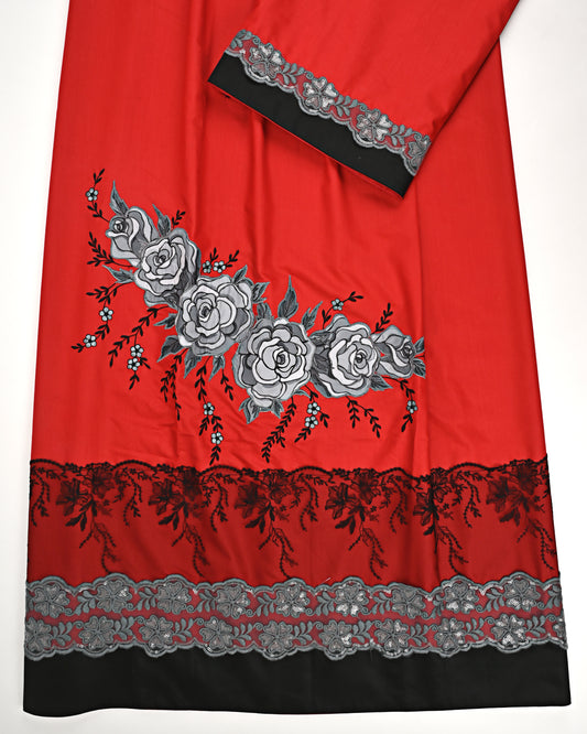 Blood Red Rida With Smart Dark Lace & Grey Floral Applique Work