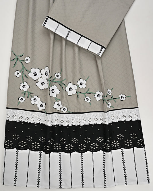 Light Grey Rida With Floral Painting Black & White Panel & Smart Lace