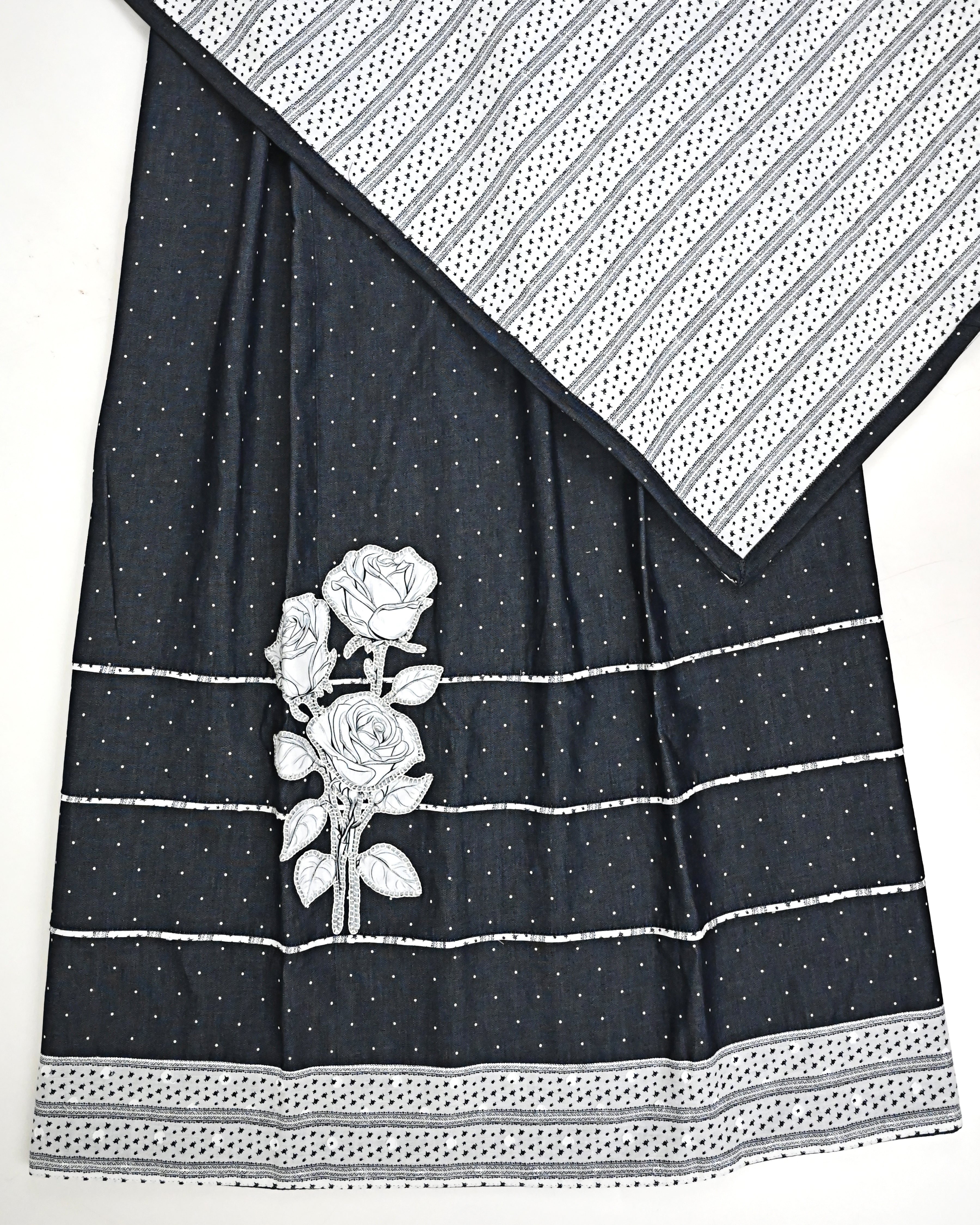 Denim Blue Jodi With Smart Pipin Panel & Floral Applique With White Base Navy Print Dupatta-2100/-