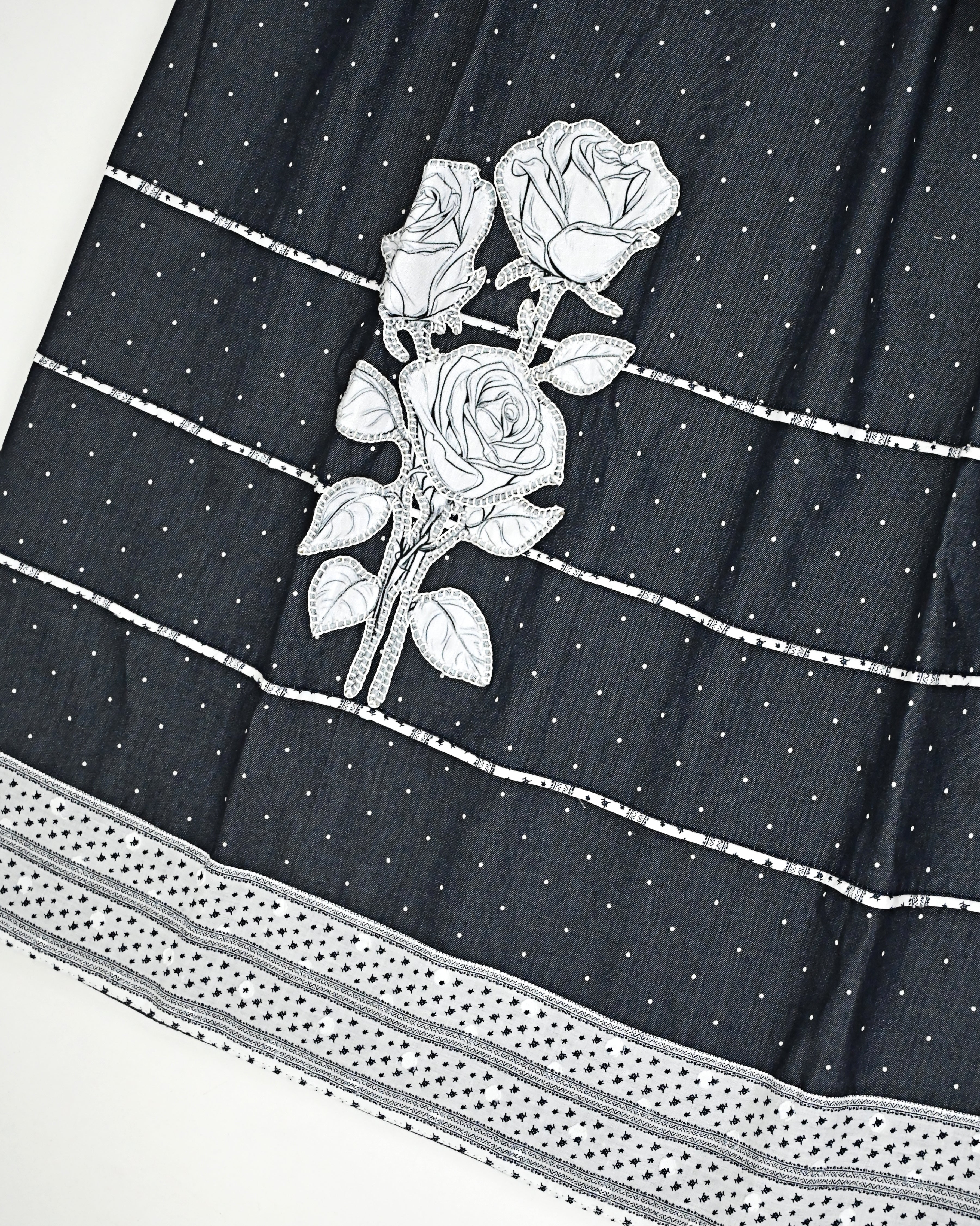 Denim Blue Jodi With Smart Pipin Panel & Floral Applique With White Base Navy Print Dupatta-2100/-