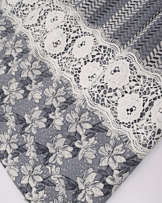 Grey Printed Jodi With Smart Floral Panel & Smart Dupatta