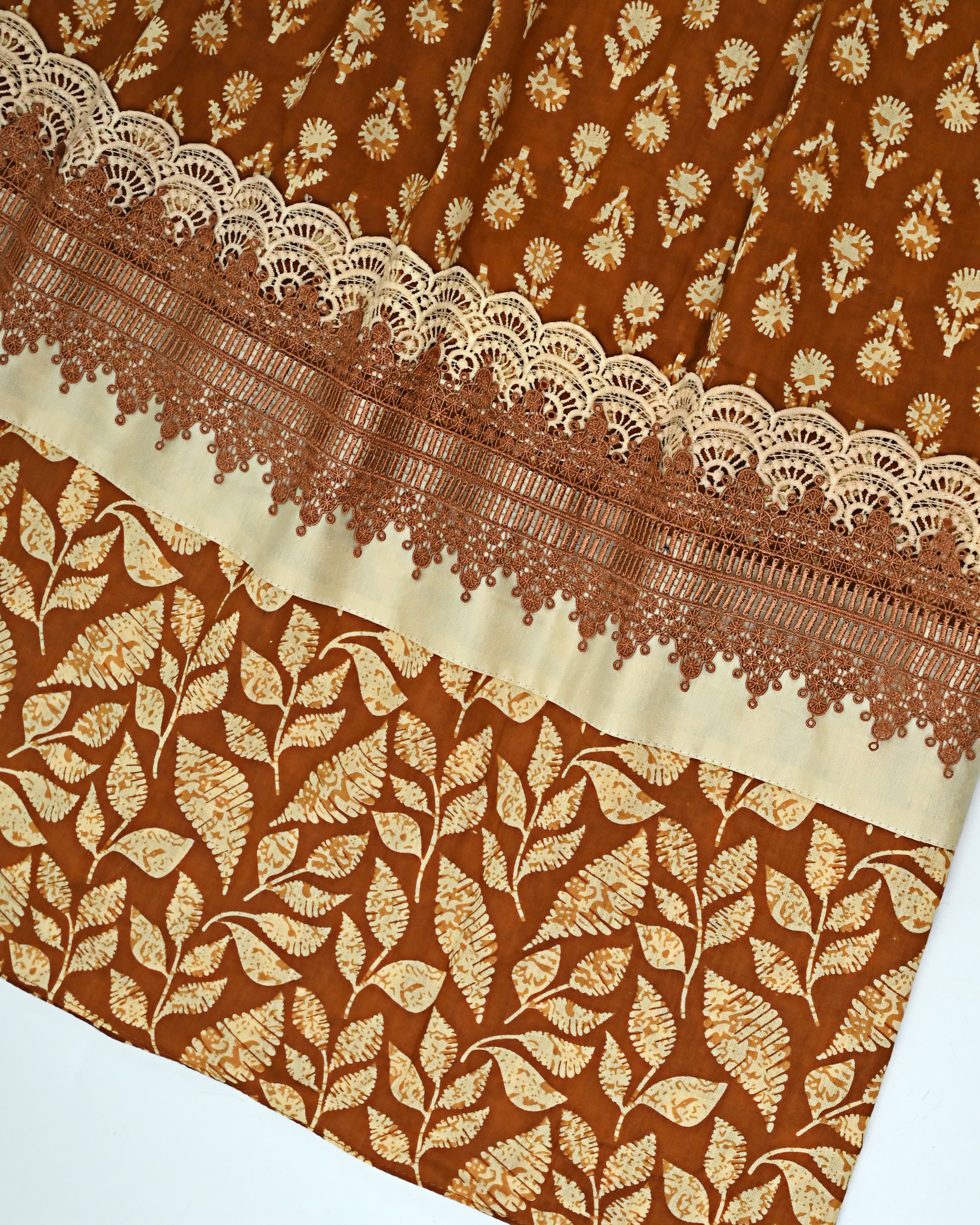 Rust Brown Batik Floral Print Rida With Batik Panel & Smart Lace-1600/-