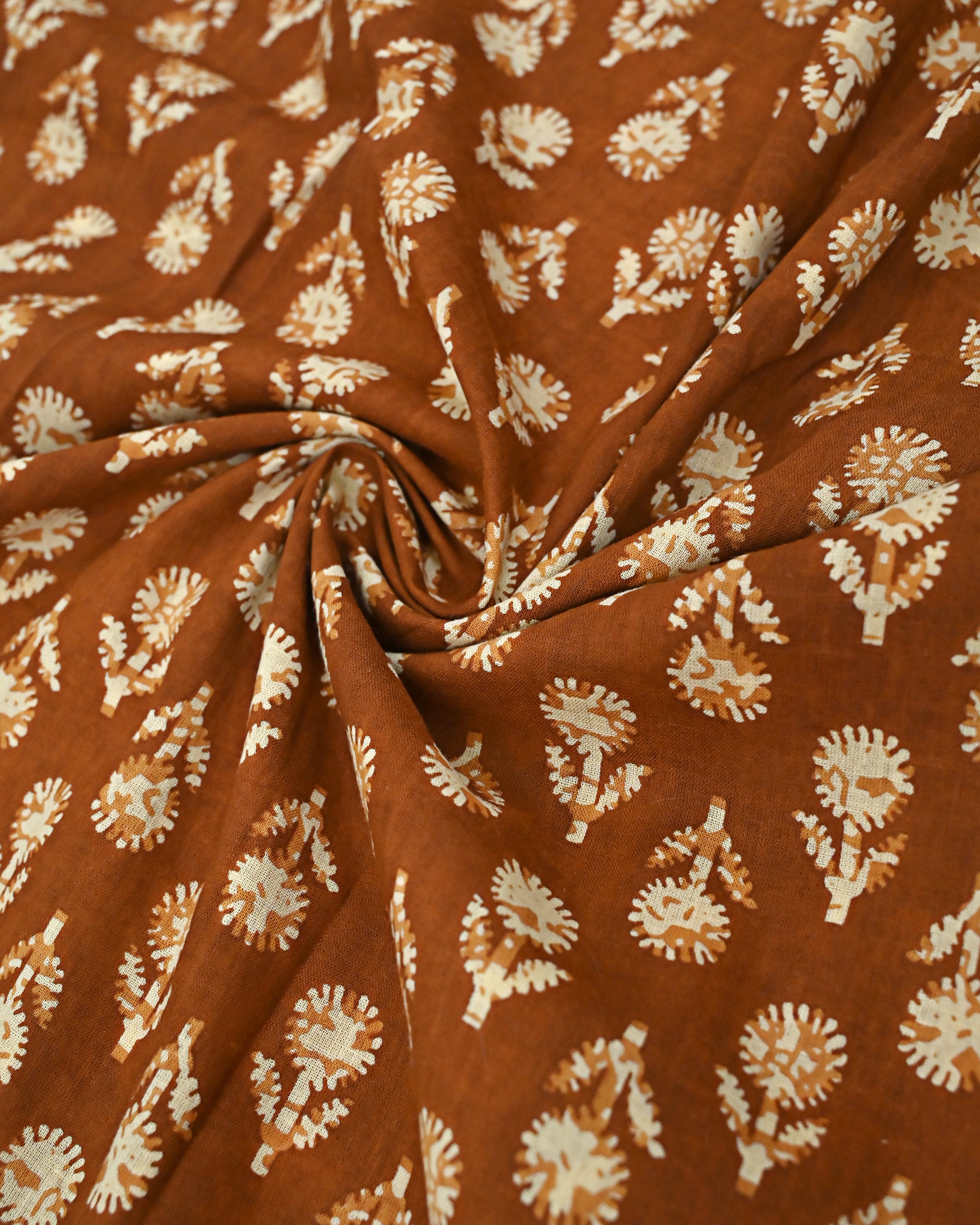 Rust Brown Batik Floral Print Rida With Batik Panel & Smart Lace-1600/-