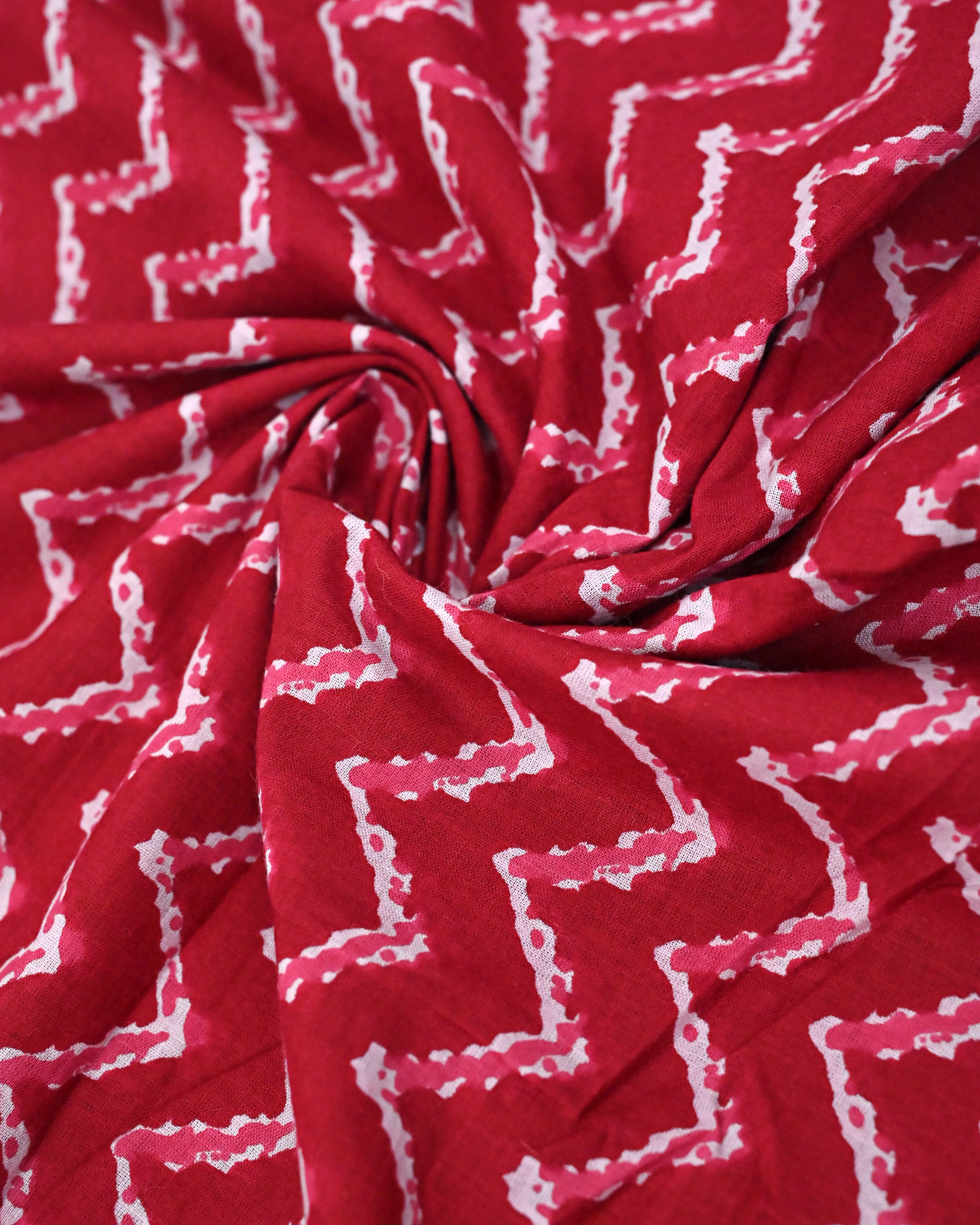 Crimson Red Chevron Batik Rida With Batik Panel & Floral Design Lace