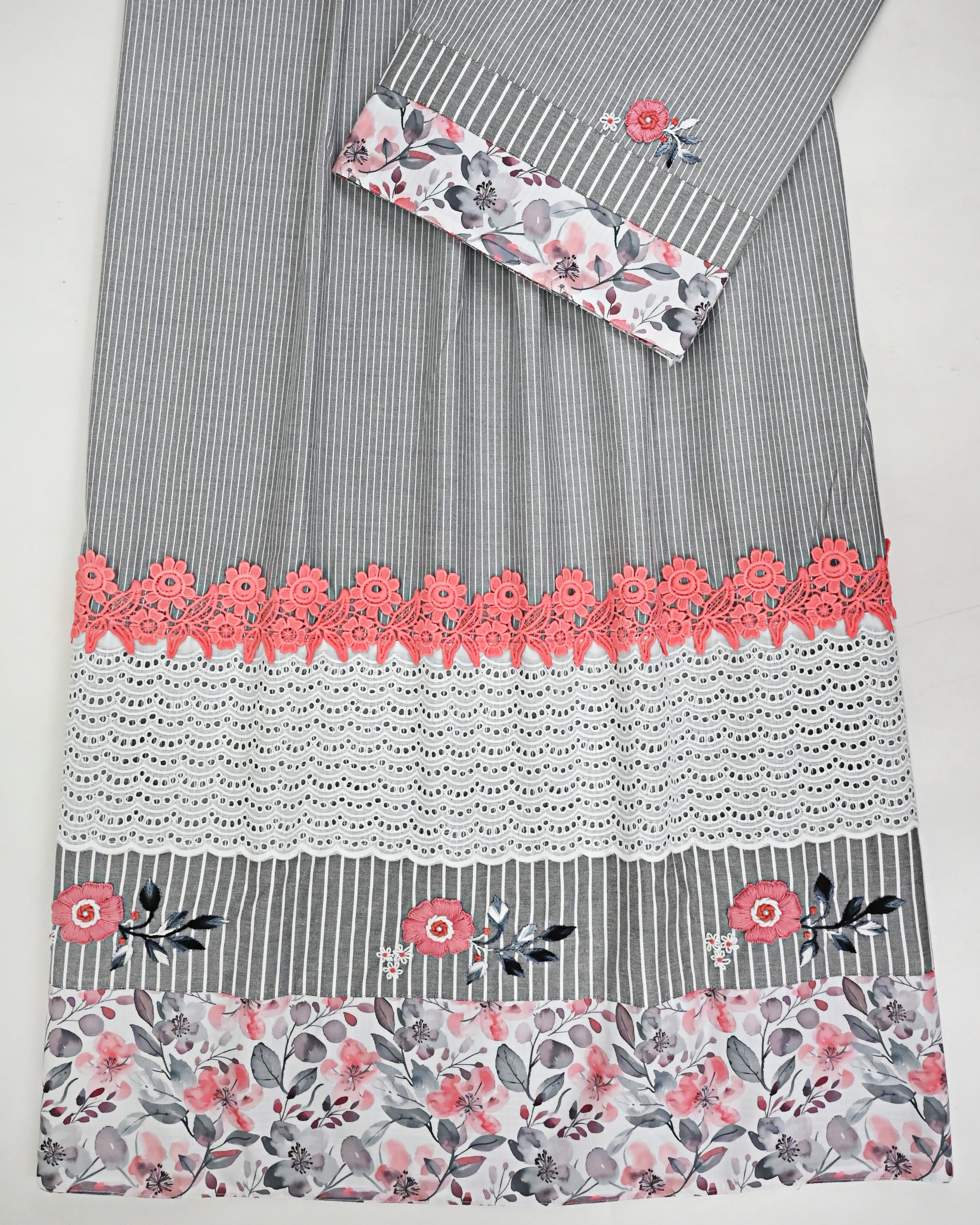 Dark Grey Base White Stripes Rida With Smart Floral Work Panel & Hakoba Lacing-2700/-