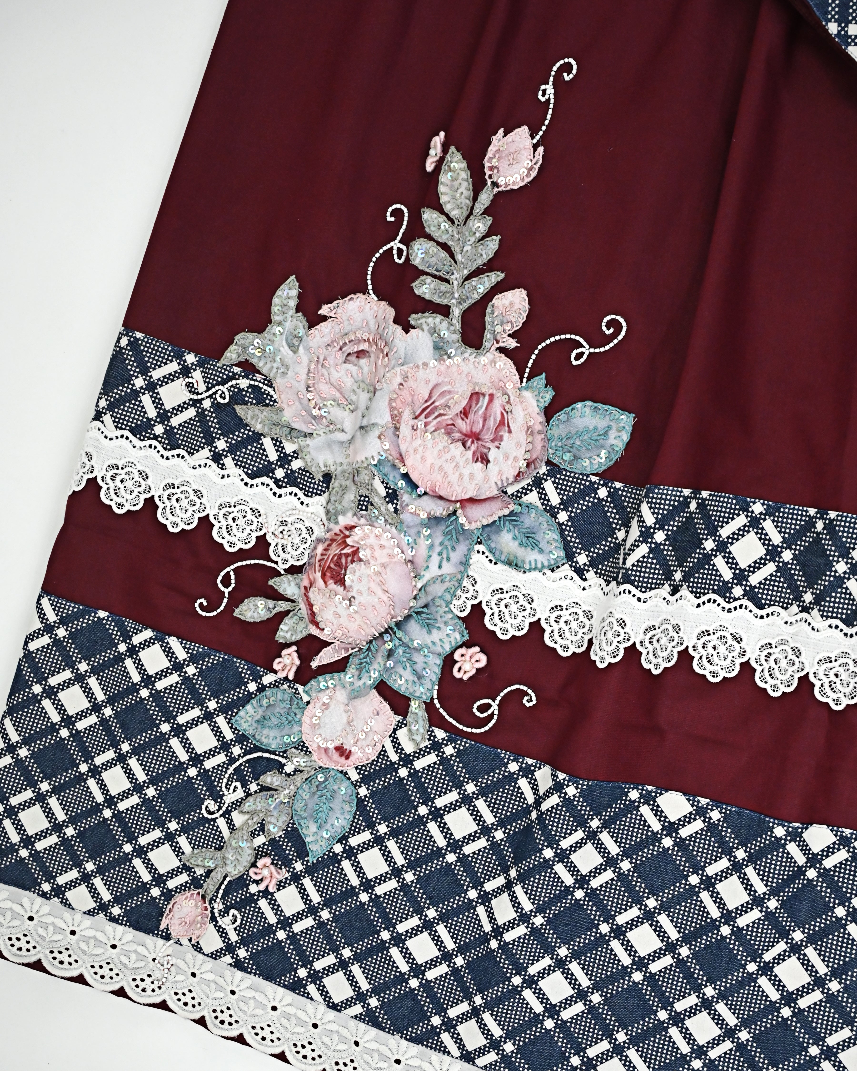 Maroon Rida With Smart Checks Panel & Smart Floral Applique Work With Aari Touch Up