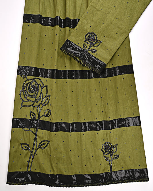 Dark Green Rida With Smart Black Lace & Black Floral Work