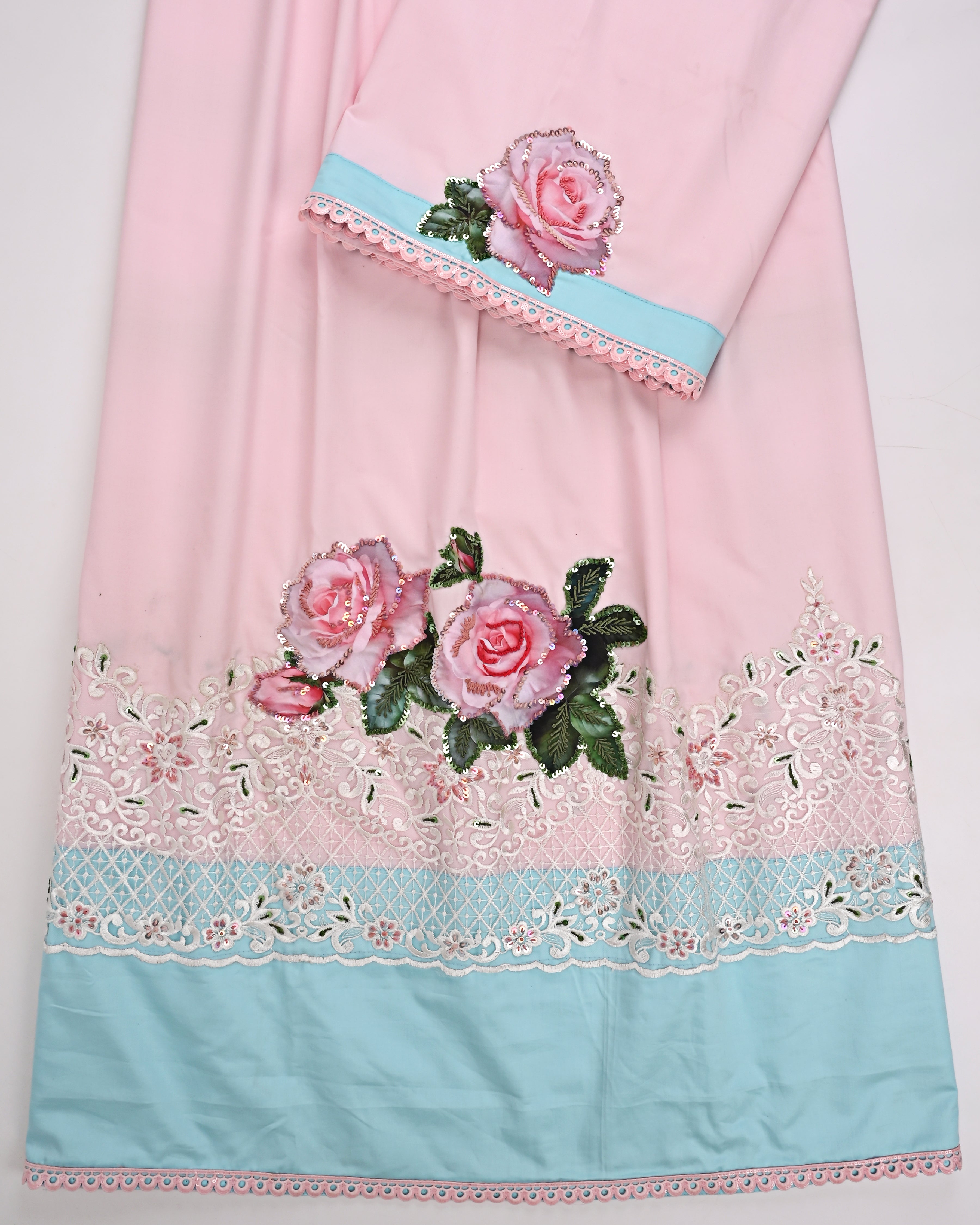 Baby Pink Rida With Smart Lace Panel & Floral Applique With Aari TouchUp