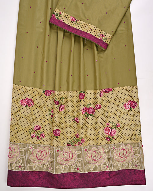 Dark Mehndi Rida With Smart Floral Panel & Heavy Look Lace
