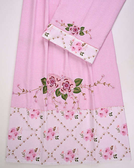Baby Pink Checks Popcorn Rida With Smart Floral Panel & Floral Aari Work