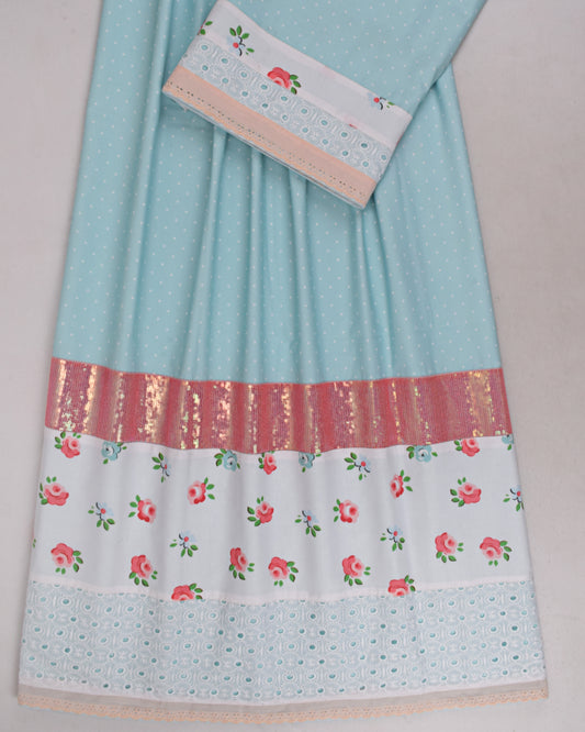 Sky Blue Dots Rida With Floral Panel & Smart Lace