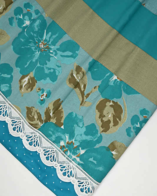 Teal Color Printed Rida With Smart Floral Panel & Lace