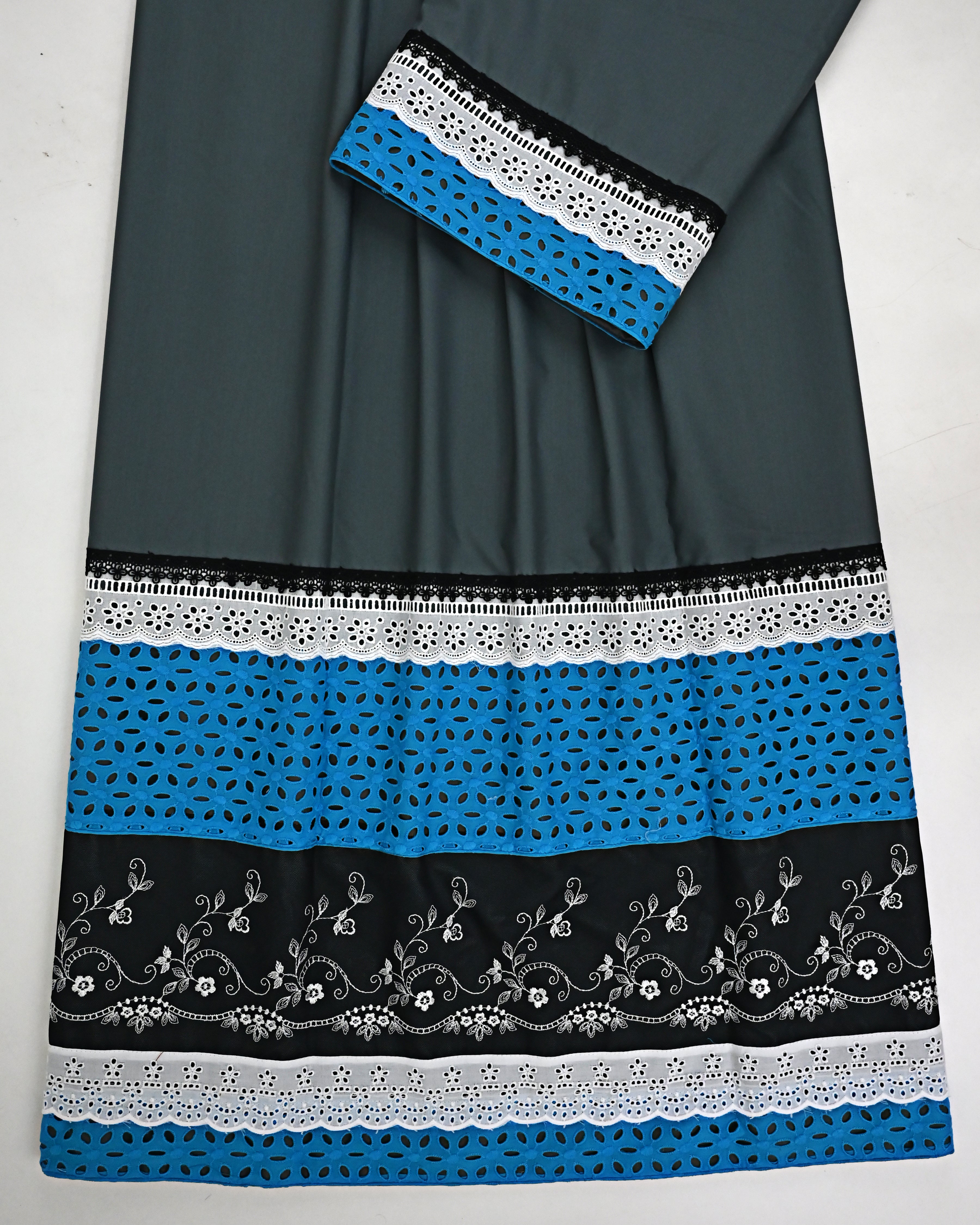 Charcoal Gray Rida With Smart Lace & Dark Panel With Floral Embroidery Work