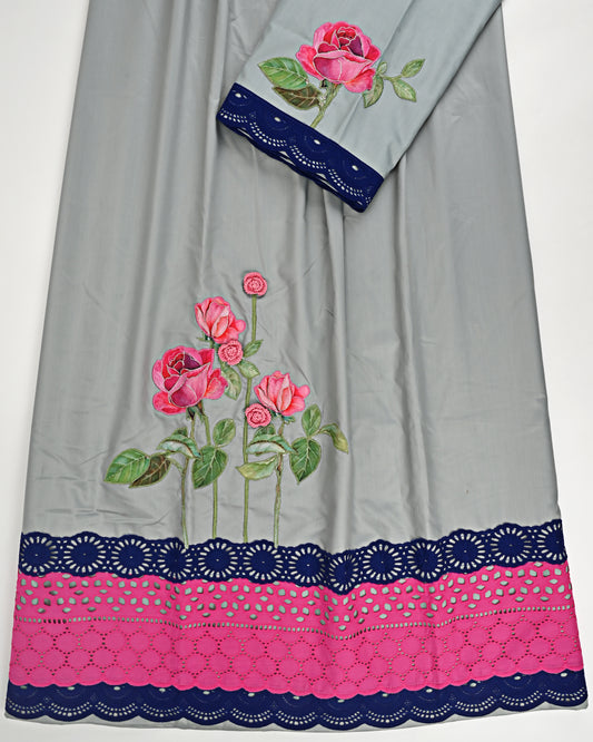 Light Grey Rida With Smart Lace & Smart Rose Applique Work