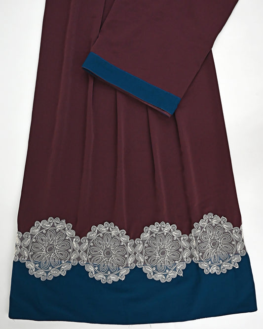 Burgundy Abaya Rida With Dark Blue Abaya Panel & Floral Lacing