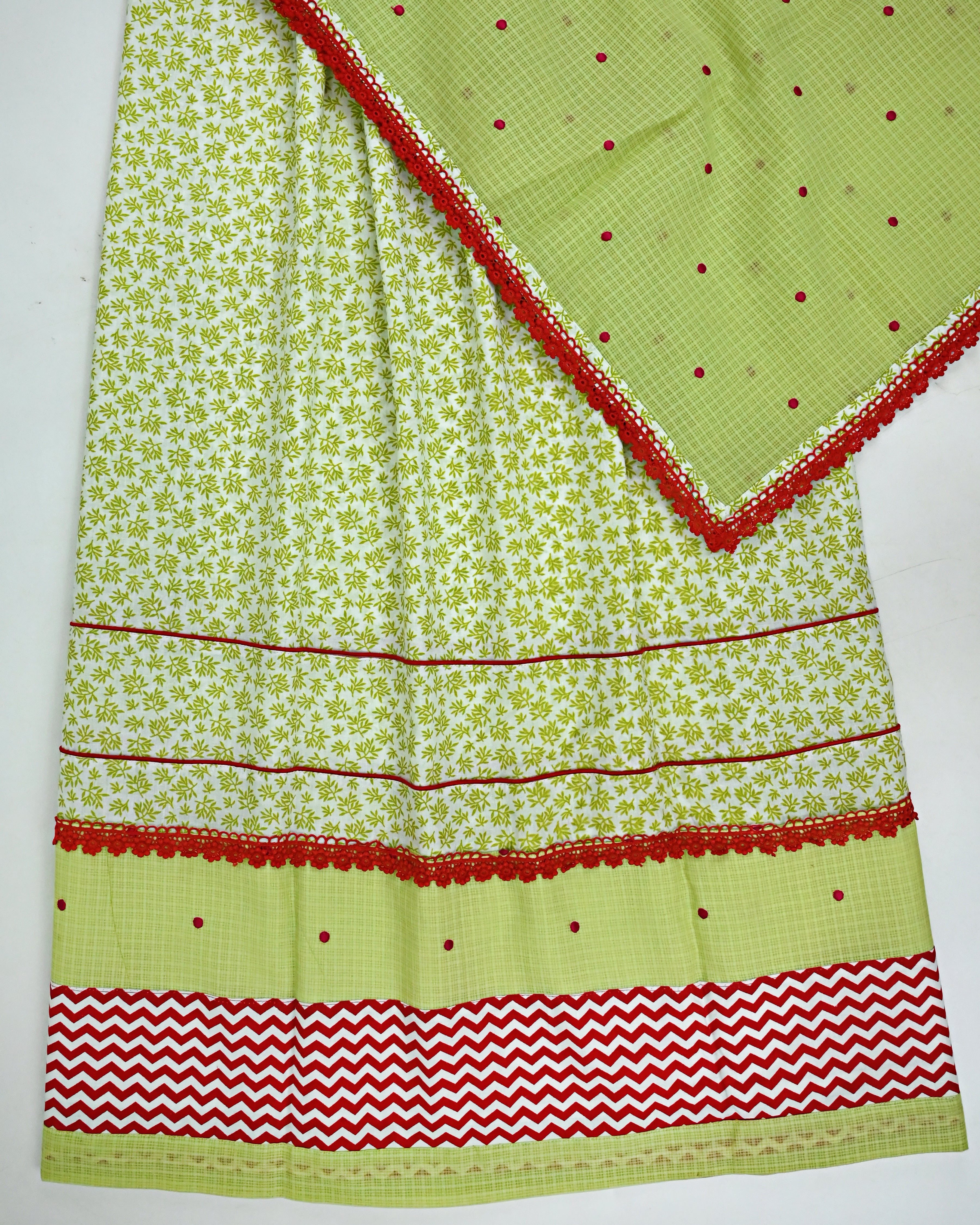 White Base Green Floral Printed Jodi With Smart Chevron Panel Lace Pintex & Green All Over Dots Dupatta