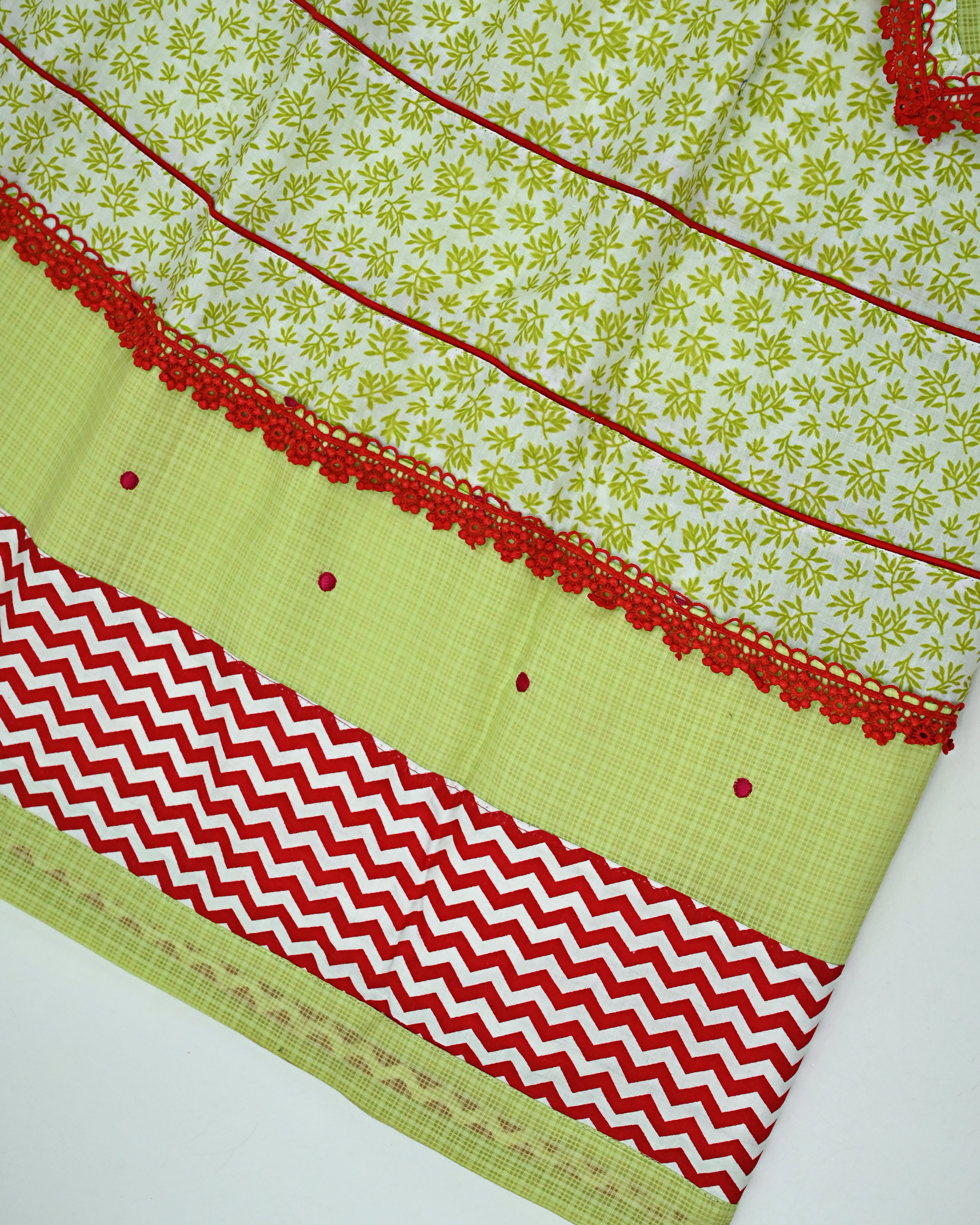 White Base Green Floral Printed Jodi With Smart Chevron Panel Lace Pintex & Green All Over Dots Dupatta