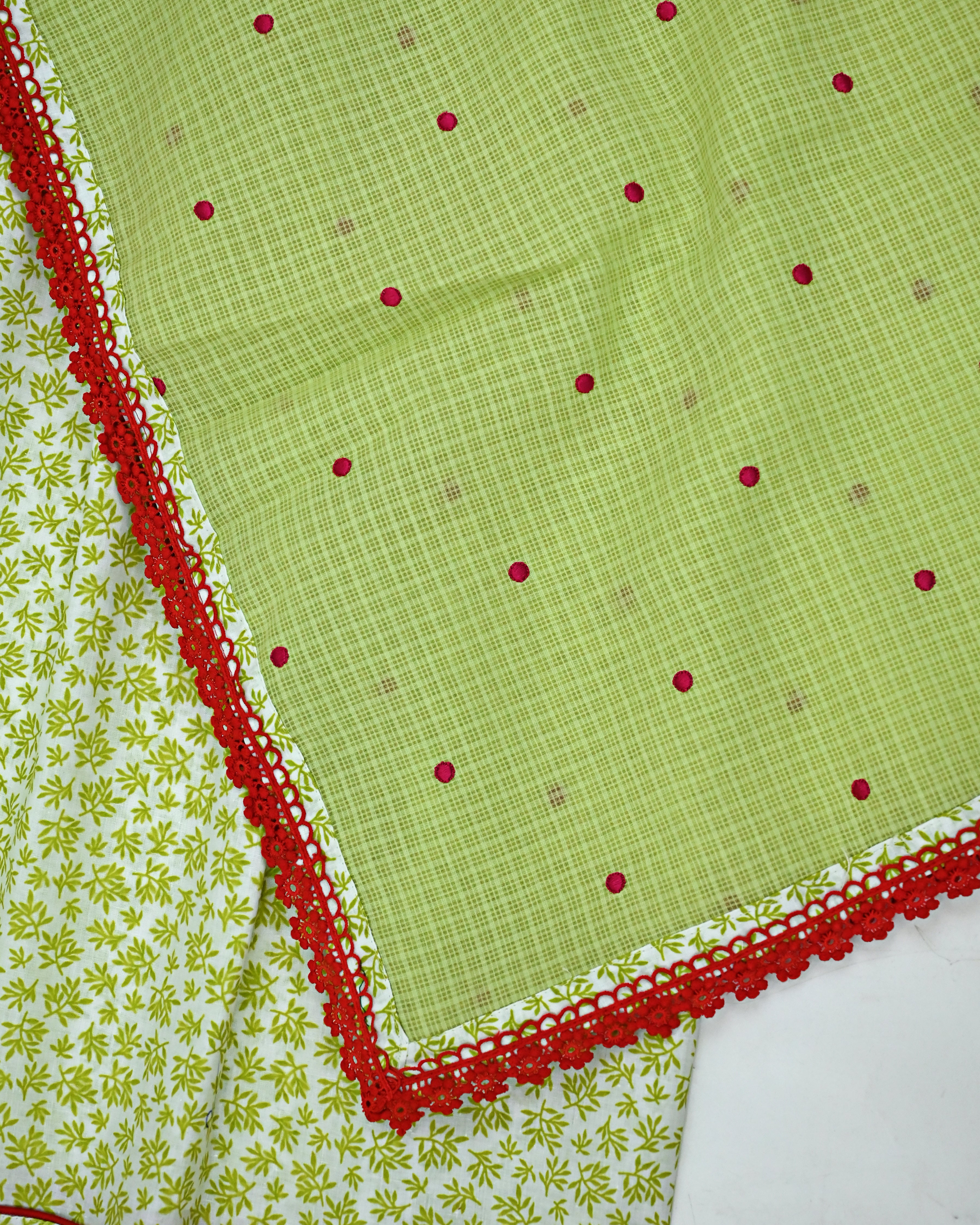 White Base Green Floral Printed Jodi With Smart Chevron Panel Lace Pintex & Green All Over Dots Dupatta