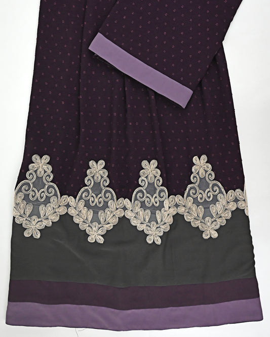 Dark Plum Rida With Smart Dark Abaya Panel & Floral Golden Lacing