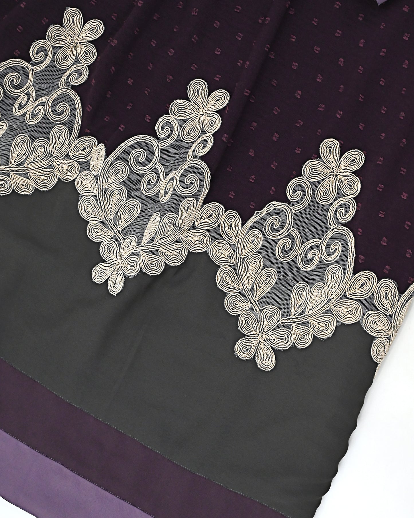 Dark Plum Rida With Smart Dark Abaya Panel & Floral Golden Lacing