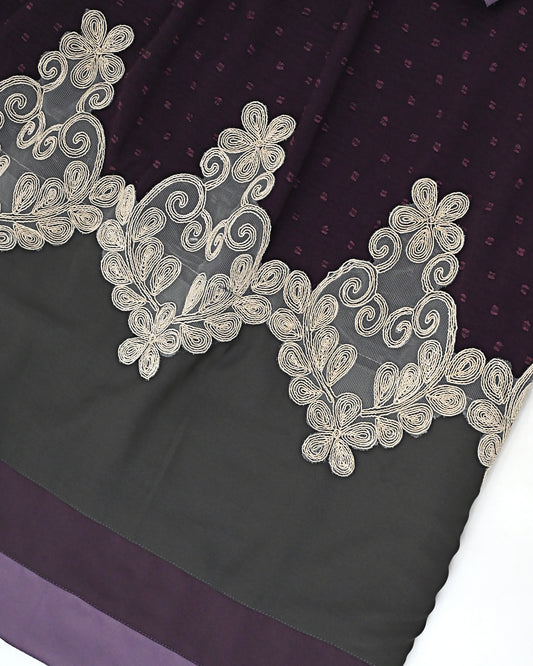 Dark Plum Rida With Smart Dark Abaya Panel & Floral Golden Lacing