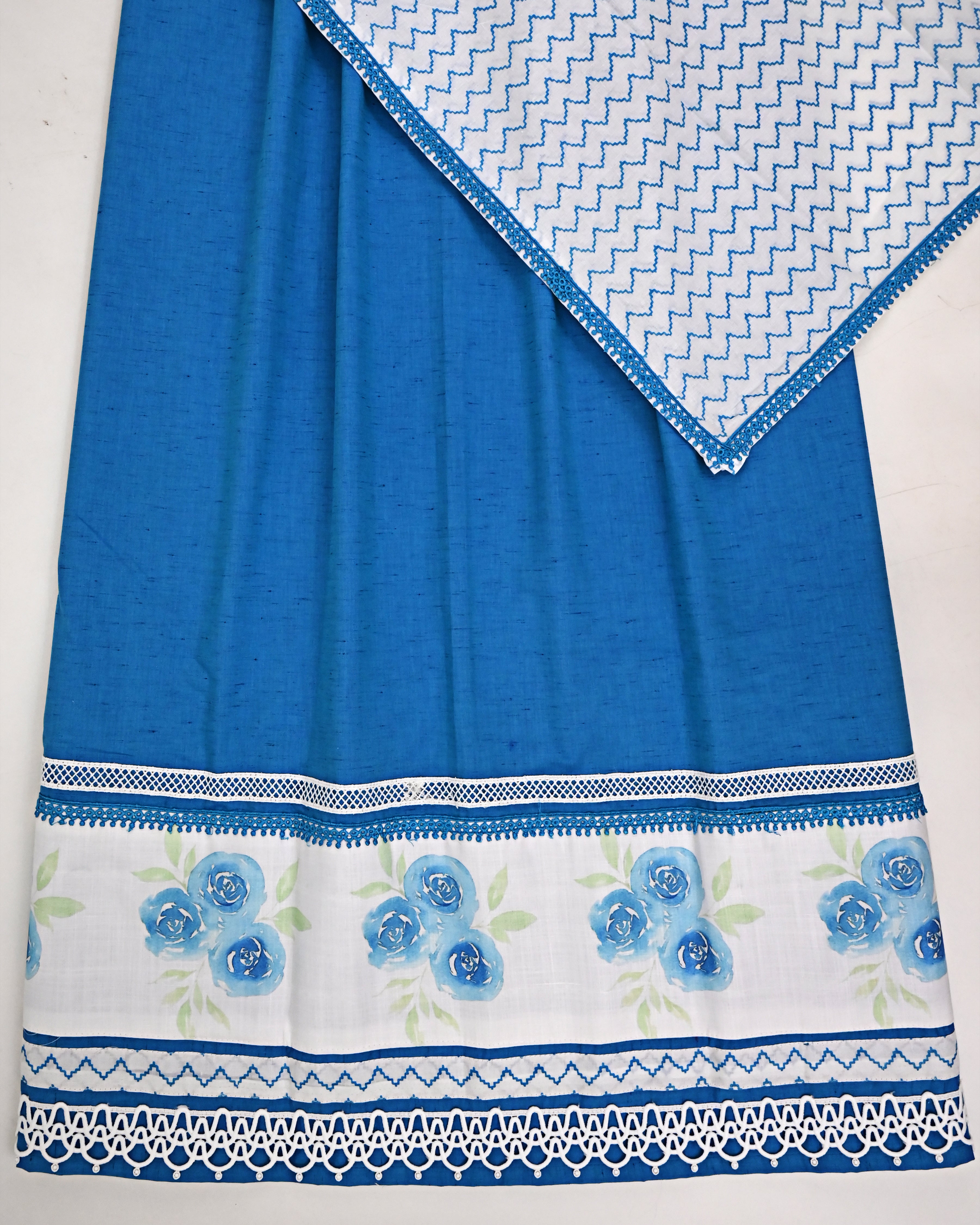 Cerulean Blue Jodi With Floral Printed Panel Smart Lace & White Base Chevron Print Dupatta