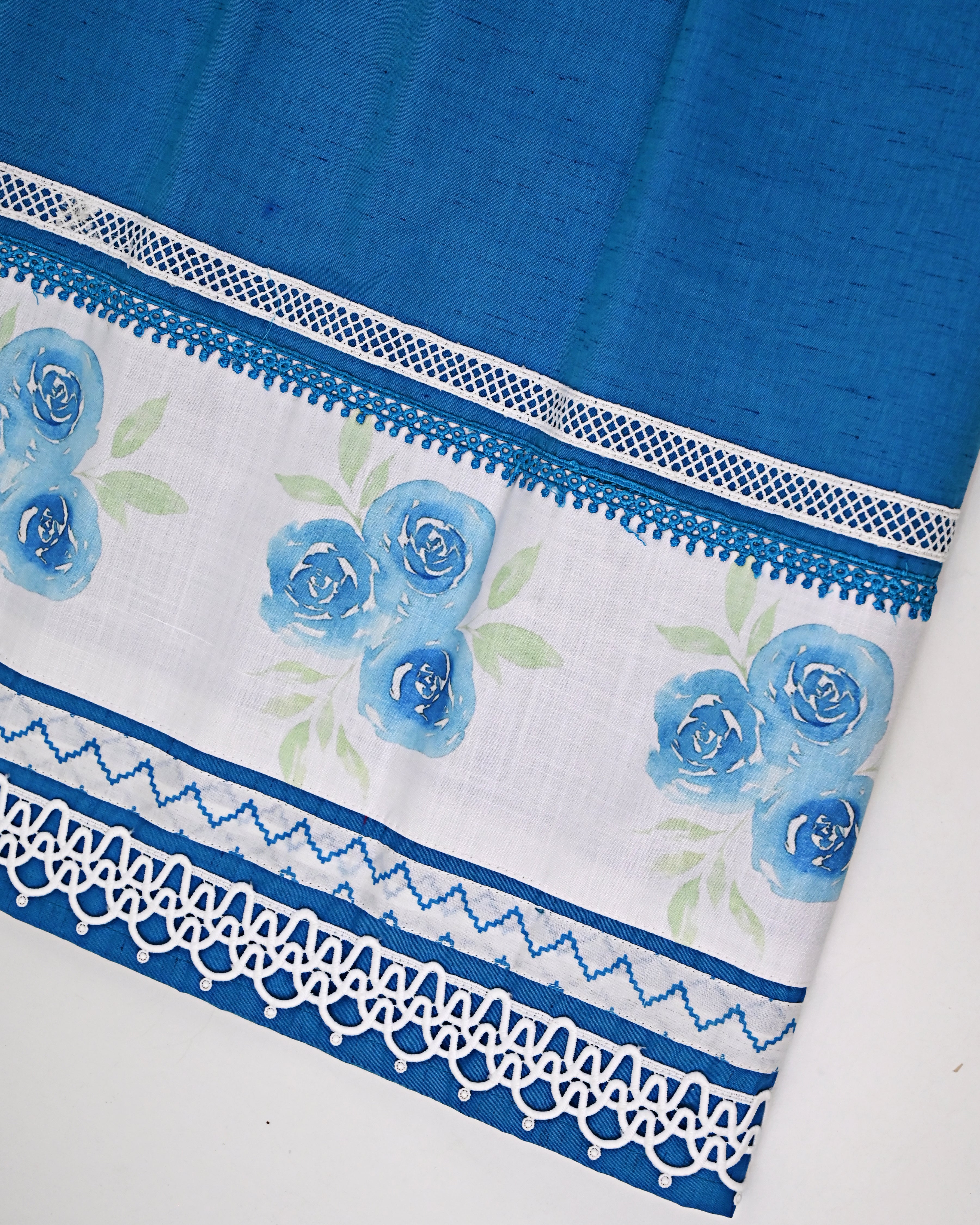 Cerulean Blue Jodi With Floral Printed Panel Smart Lace & White Base Chevron Print Dupatta